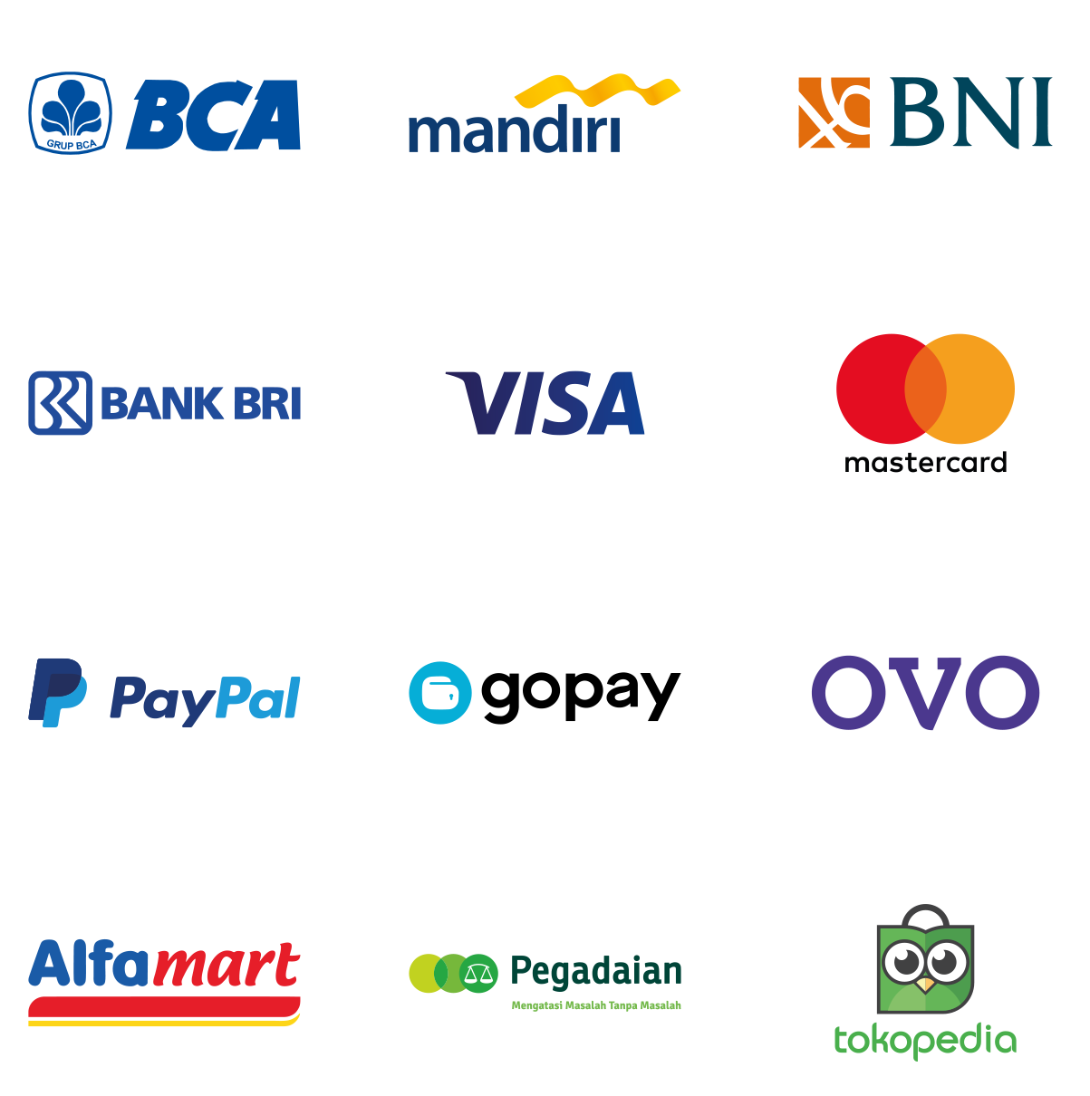 BCA, Mandiri, BNI, BRI, Visa, Mastercard, PayPal, GoPay, OVO, Alfamart, Pegadaian, dan Tokopedia